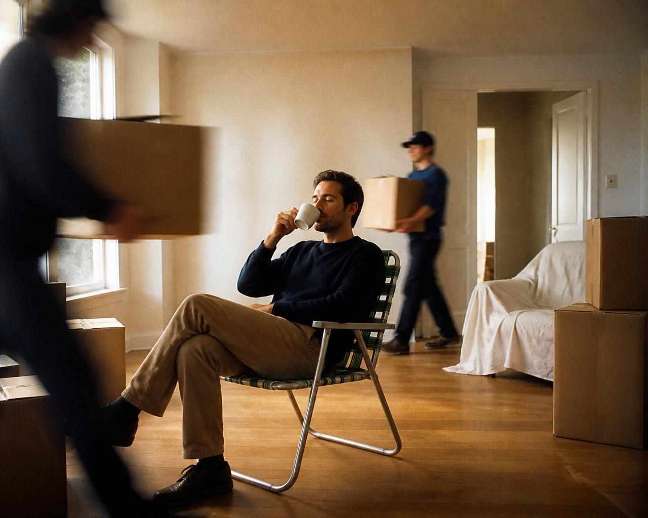Man sipping coffee in a lawn chair while movers rush past