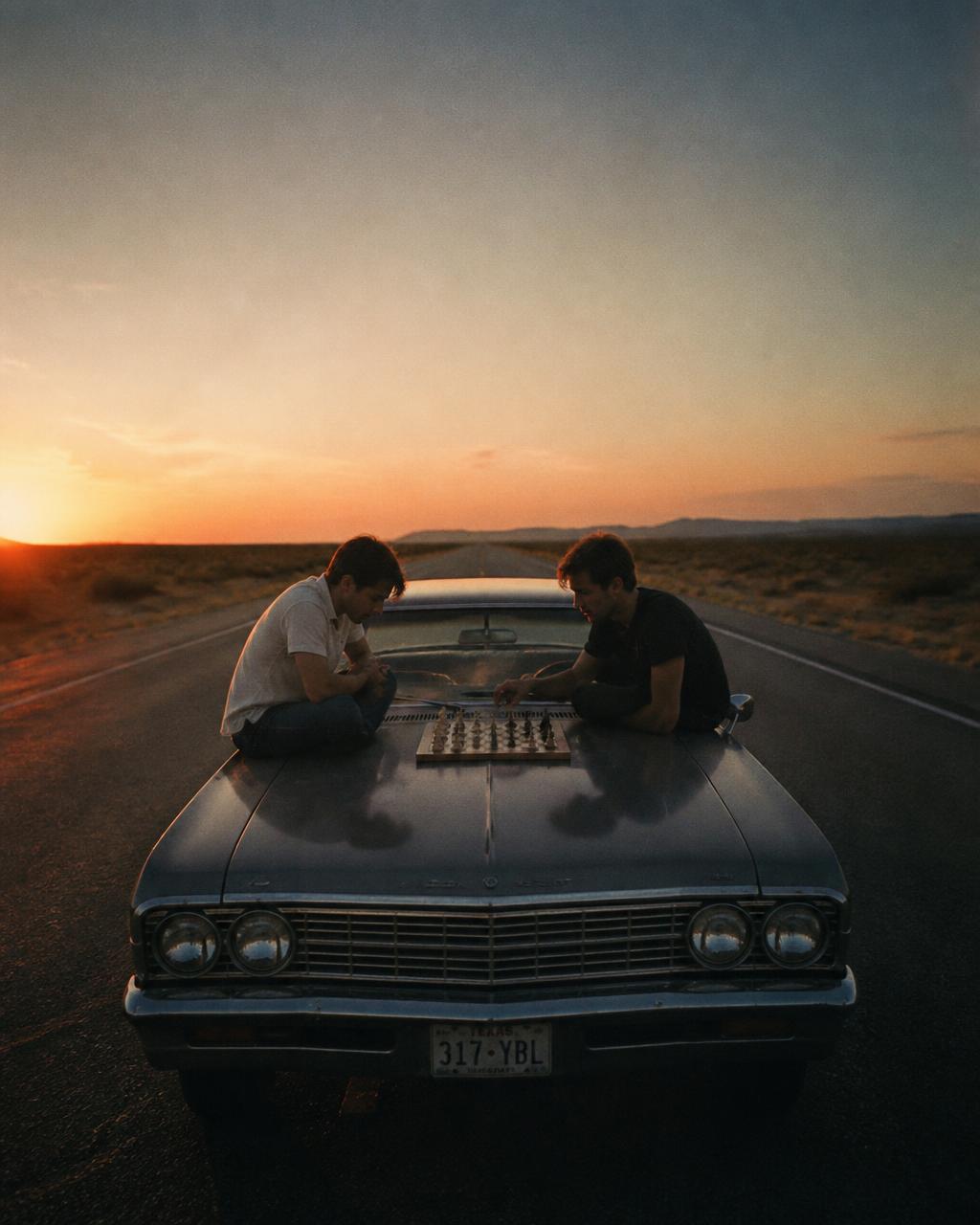 Two men playing chess on a car hood in the desert at sunset