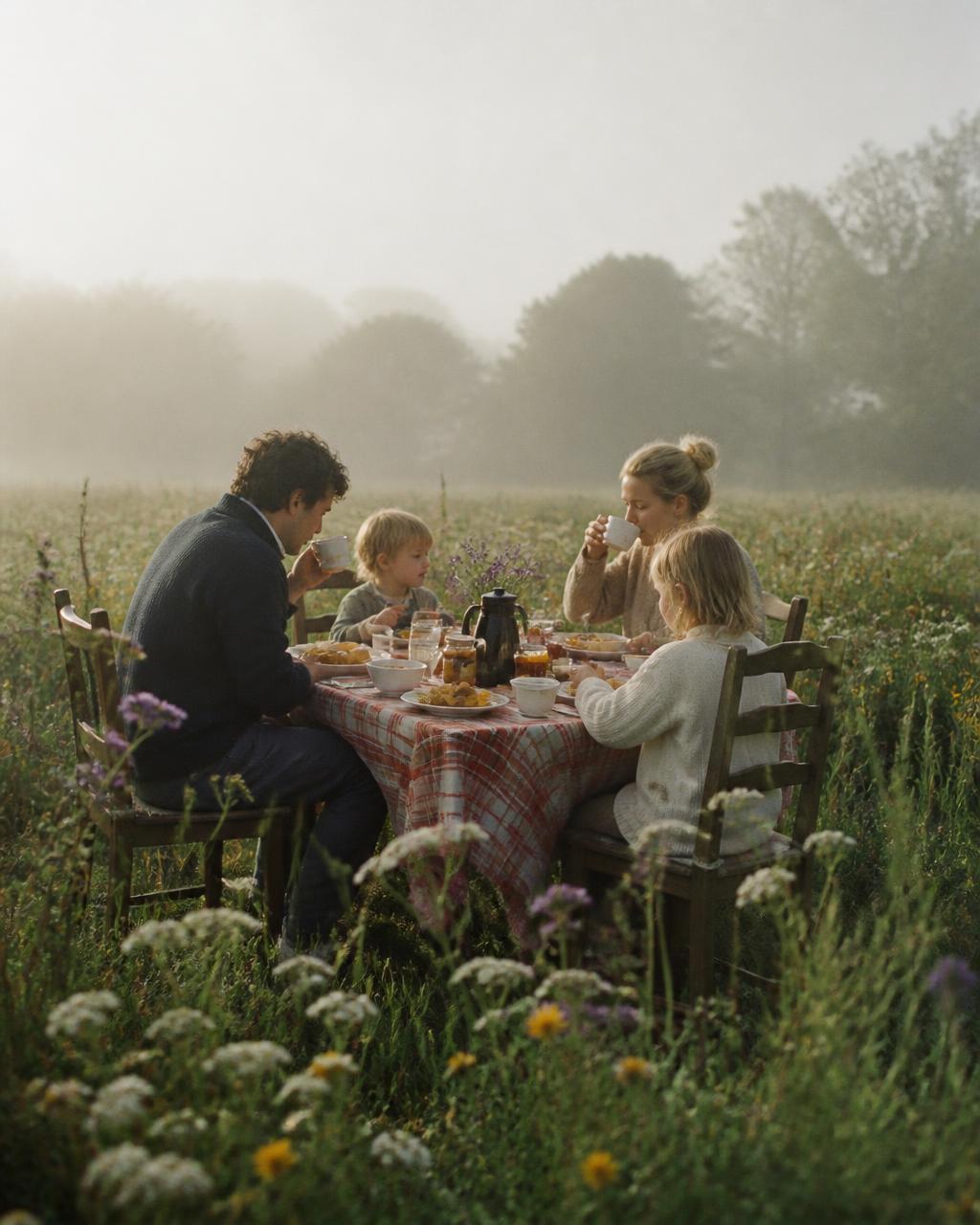 Family eating breakfast at a set table in a wildflower meadow