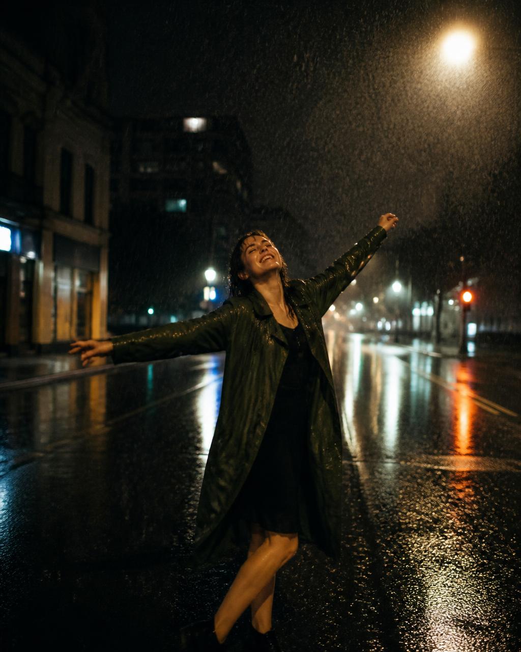 Woman dancing in a downpour on an empty street at night