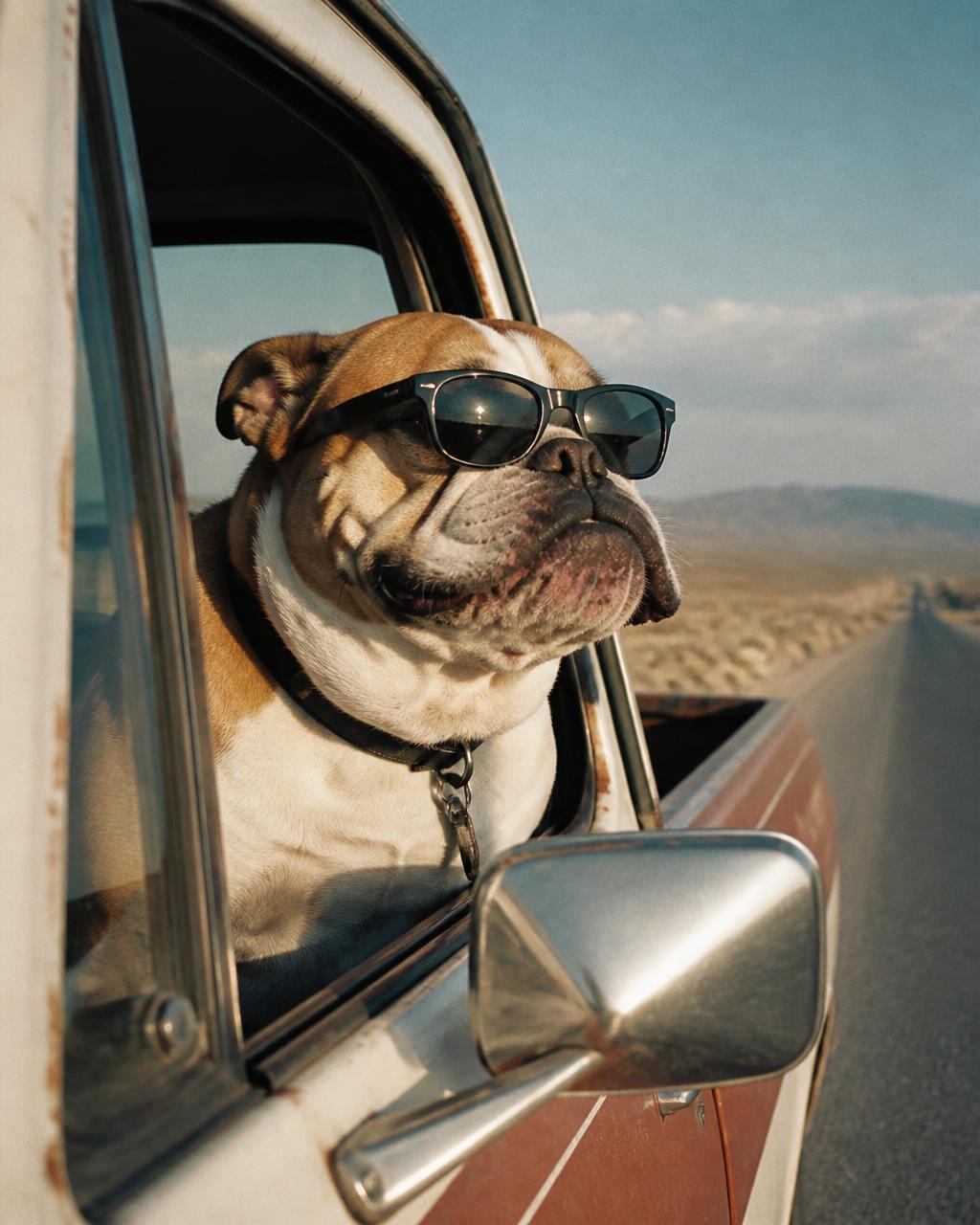 Bulldog in sunglasses riding with its head out a pickup window in the desert