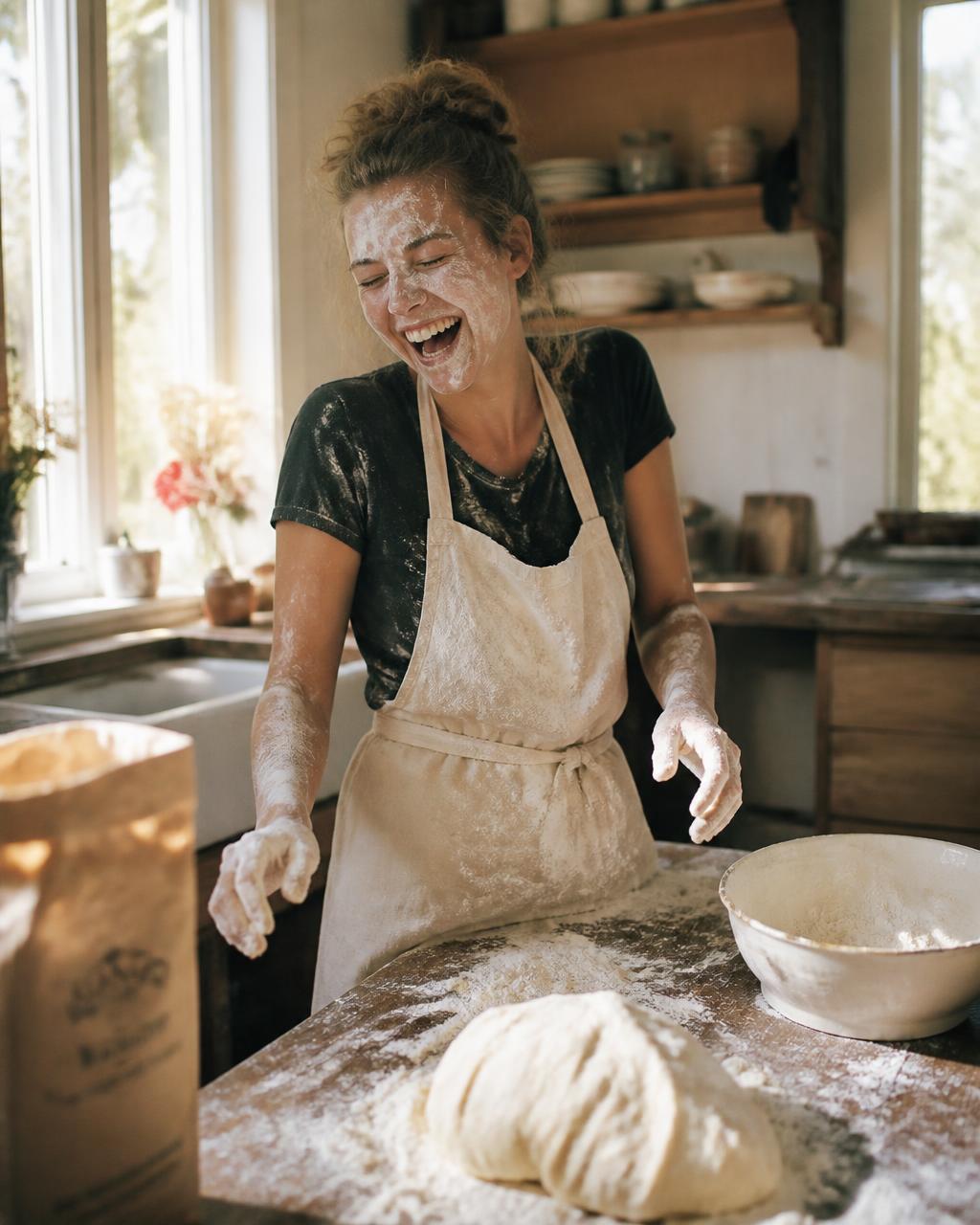 Woman covered in flour laughing in a sunlit farmhouse kitchen