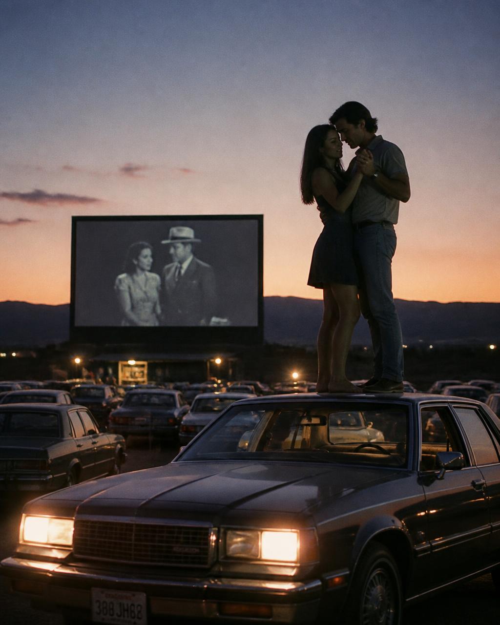 Couple slow dancing on a car roof at a desert drive-in at dusk