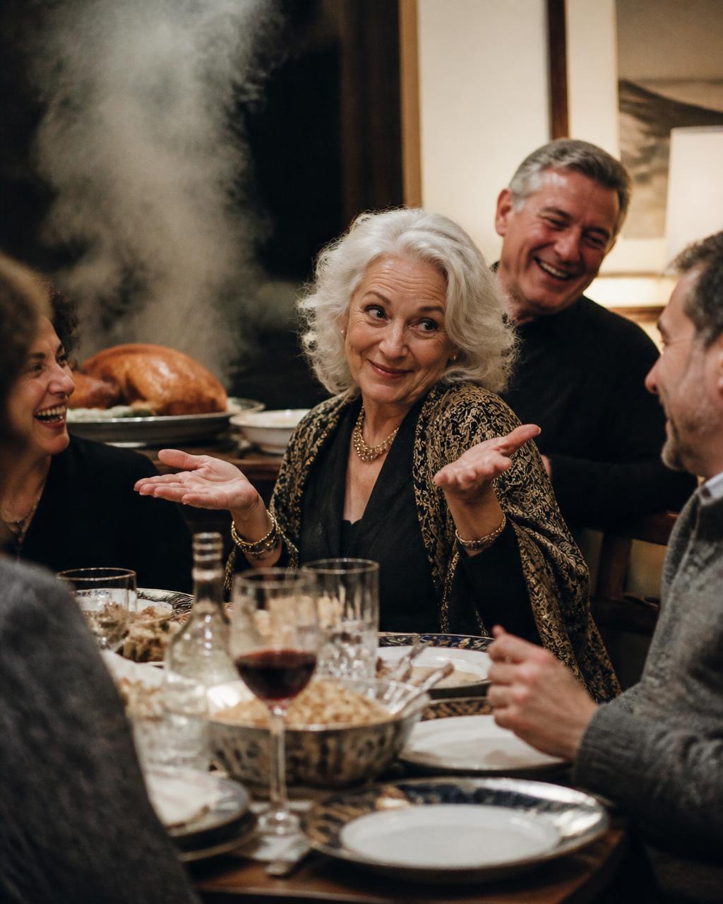 Grandmother shrugging mischievously as the turkey smokes behind her