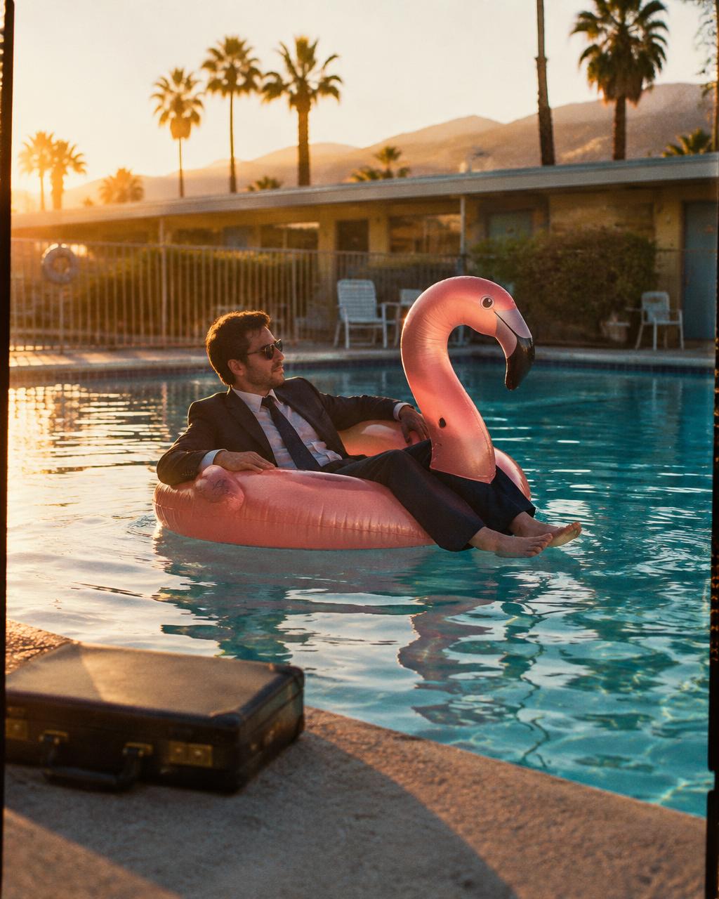 Man in a suit floating on a flamingo pool float at a motel pool at golden hour