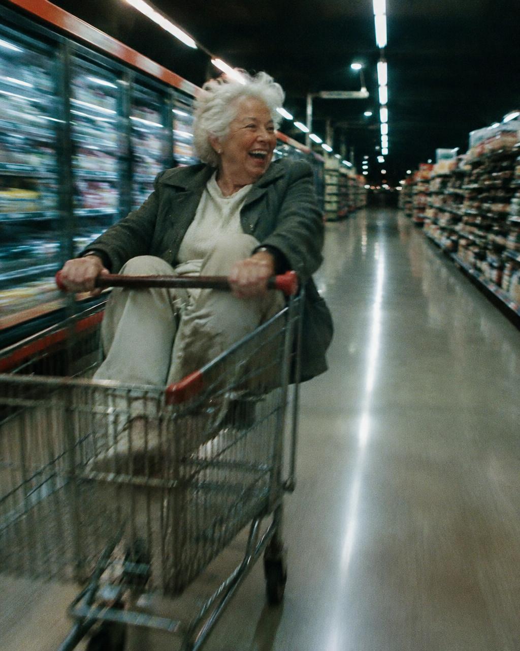 Elderly woman riding a shopping cart down a supermarket aisle at night