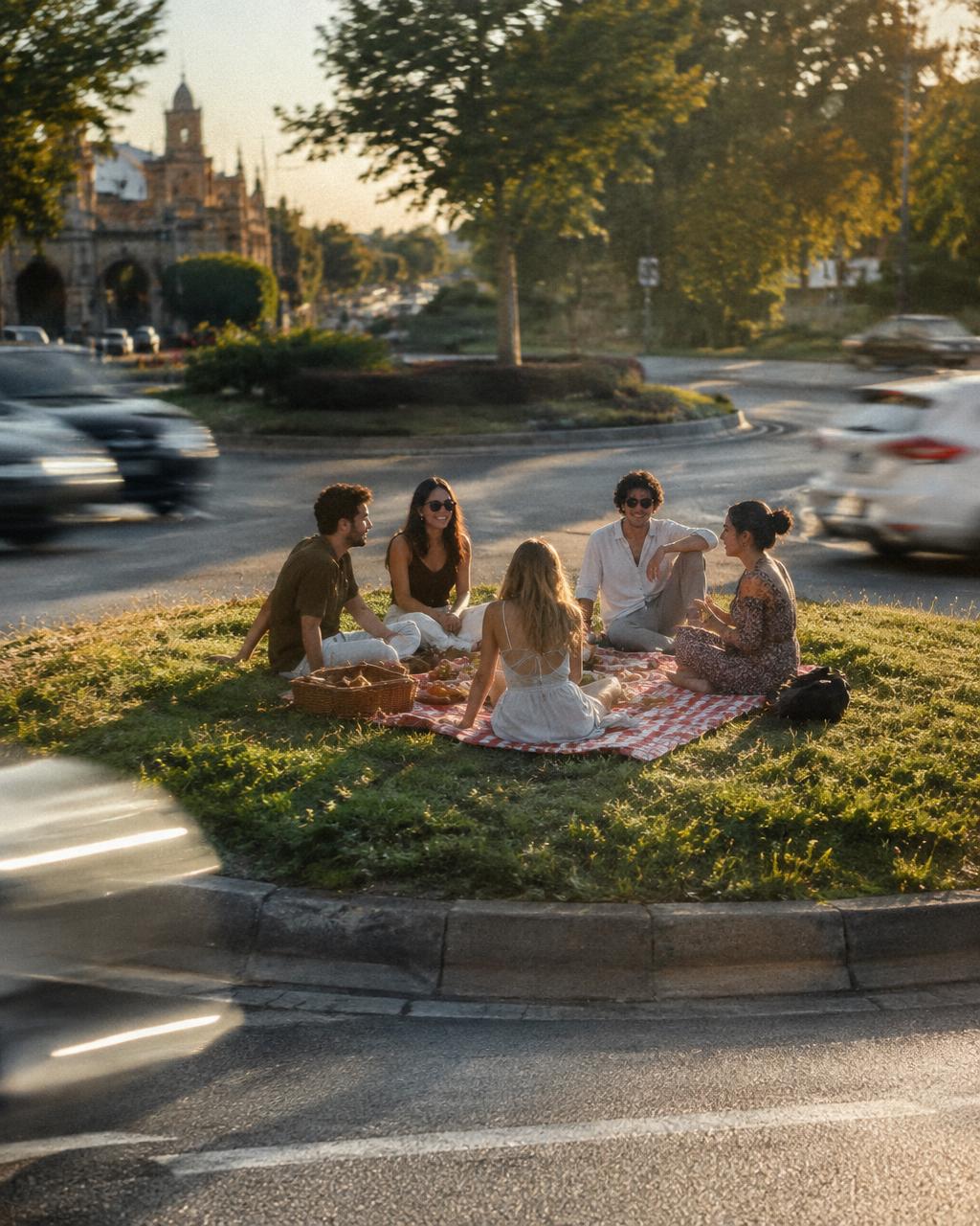 Friends having a picnic on a traffic island in a roundabout