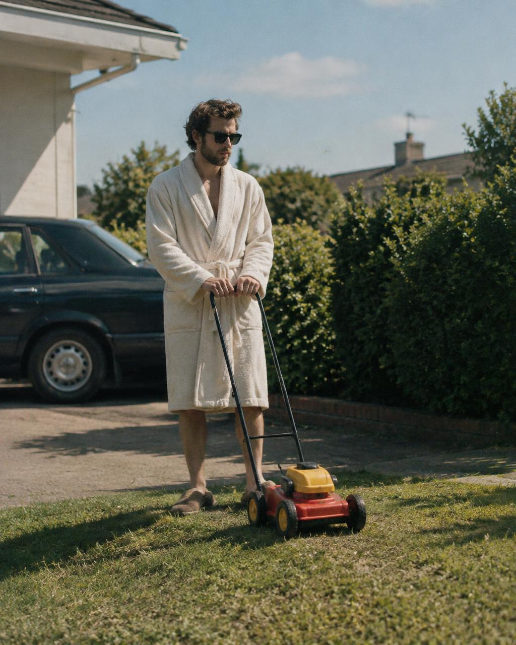 Man in a bathrobe mowing a tiny lawn with a toy mower