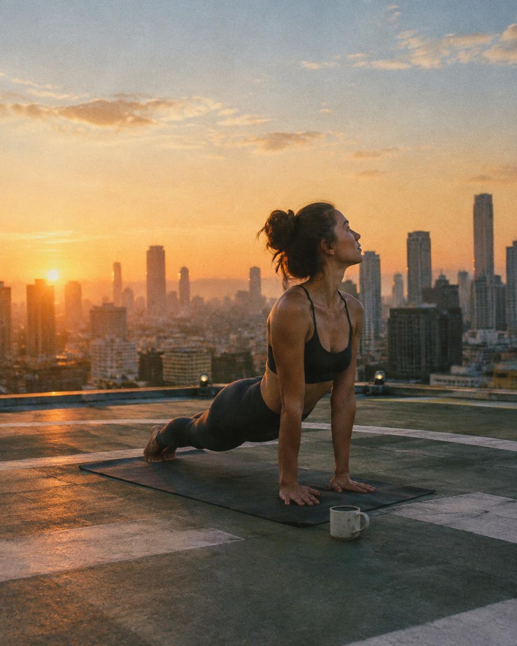 Woman doing yoga on a rooftop helipad at sunrise