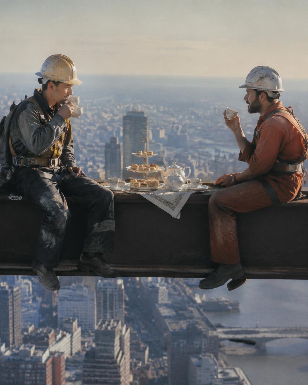 Two construction workers having afternoon tea on a steel beam