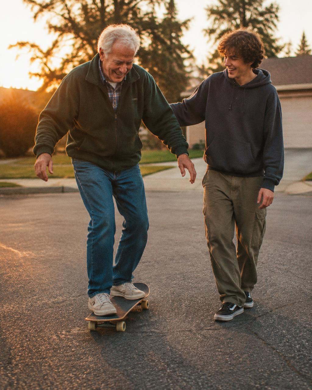 Teenager teaching his grandfather to skateboard in a cul-de-sac