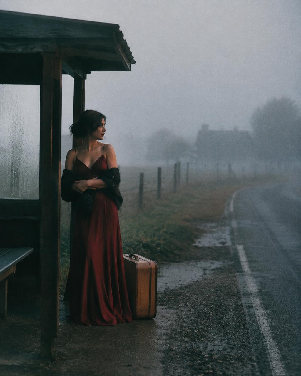 Woman in an evening gown waiting at a foggy rural bus stop