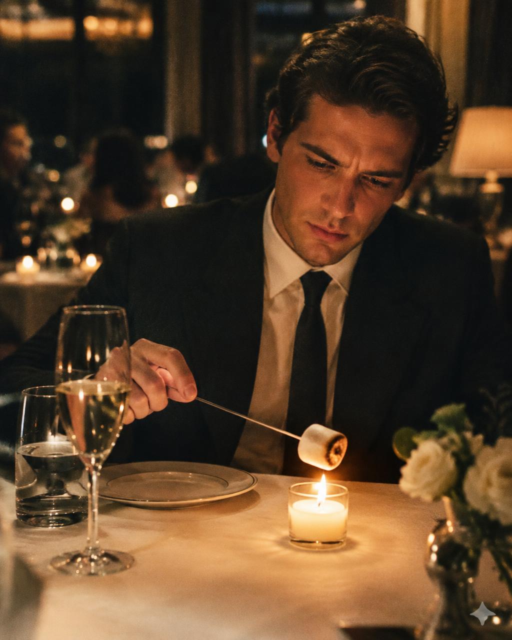 Man roasting a marshmallow over a candle at a fancy restaurant