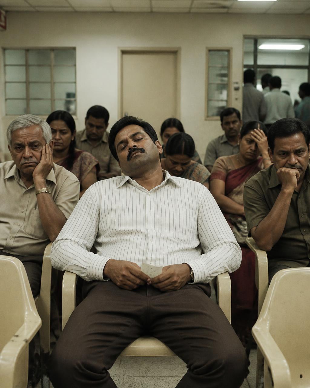 Man peacefully asleep in a bleak government waiting room