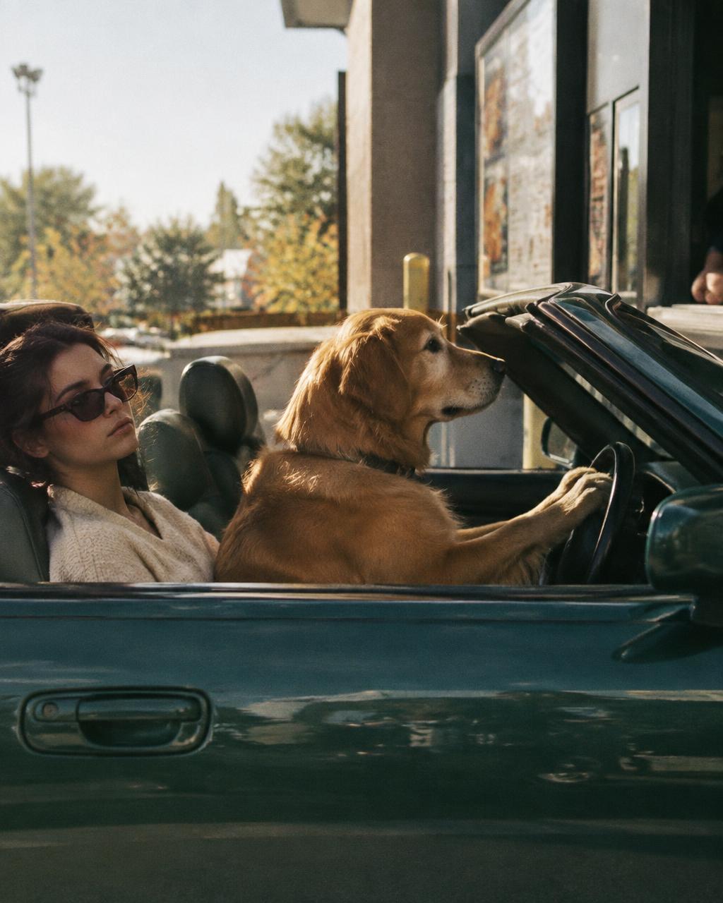 Golden retriever in the driver's seat at a drive-through