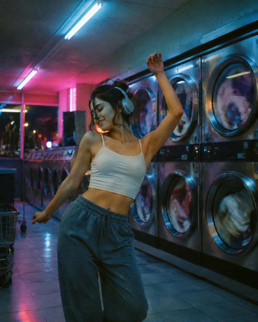 Woman dancing alone in a laundromat at midnight