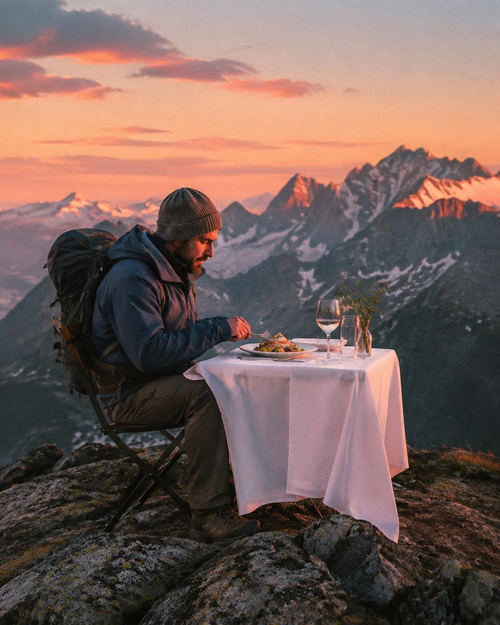 Hiker eating a plated dinner at a mountain summit at sunset