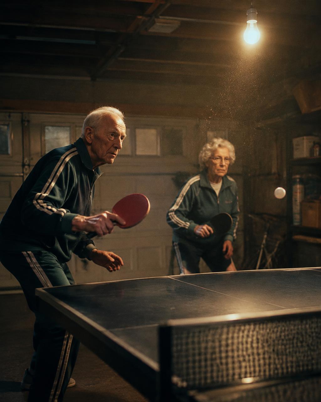 Elderly couple playing intense garage ping pong