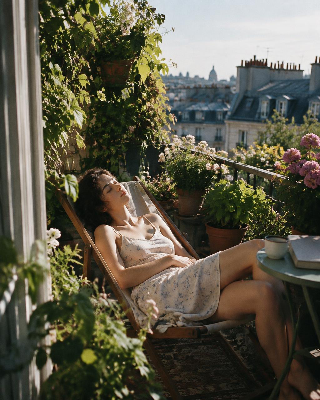 Woman asleep on a plant-filled apartment balcony