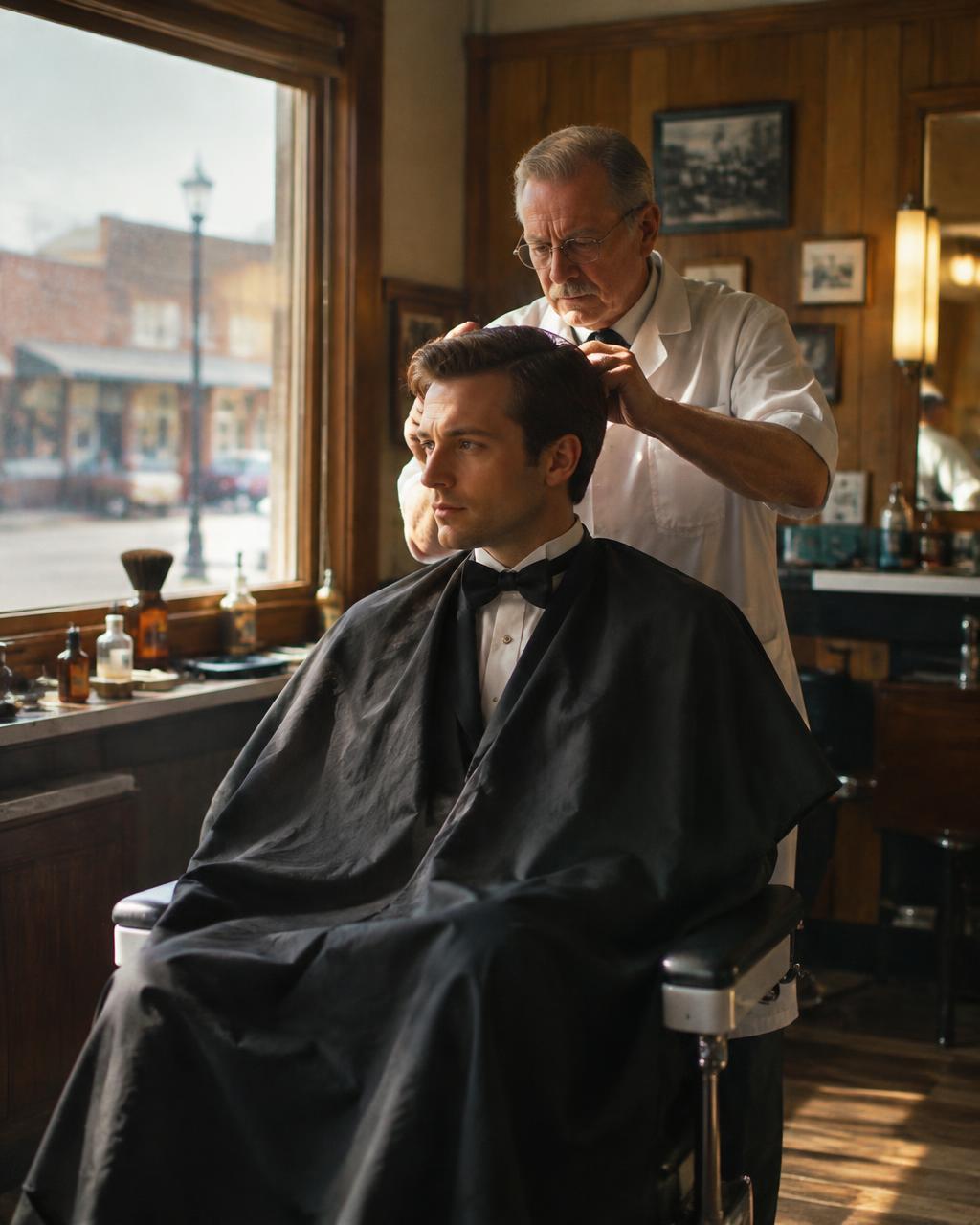 Man in a tuxedo getting a haircut at a small-town barbershop