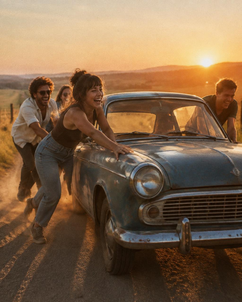 Friends pushing a broken-down vintage car at sunset