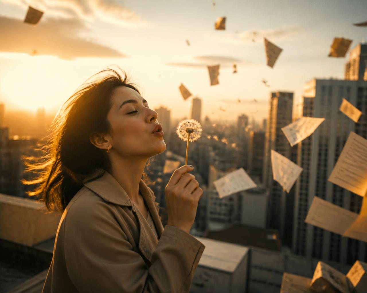 Woman blowing a dandelion as papers fly off a rooftop