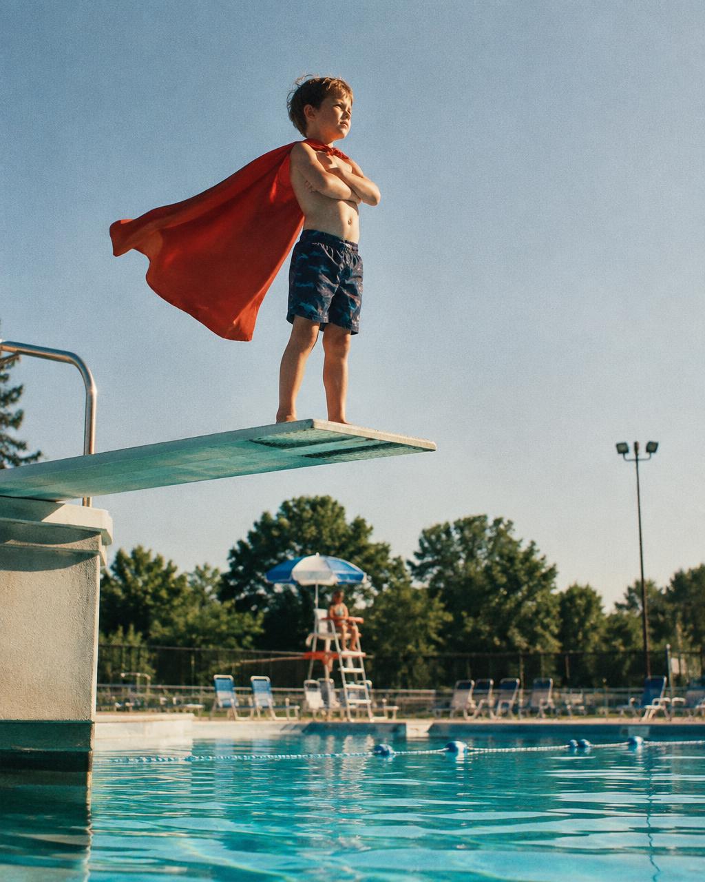 Boy in a cape standing on a diving board