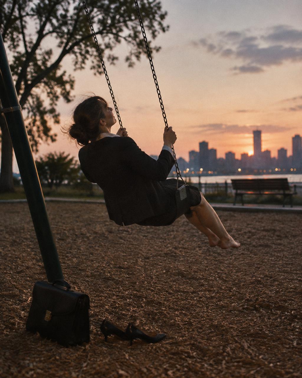 Woman in office clothes swinging on a playground swing at dusk