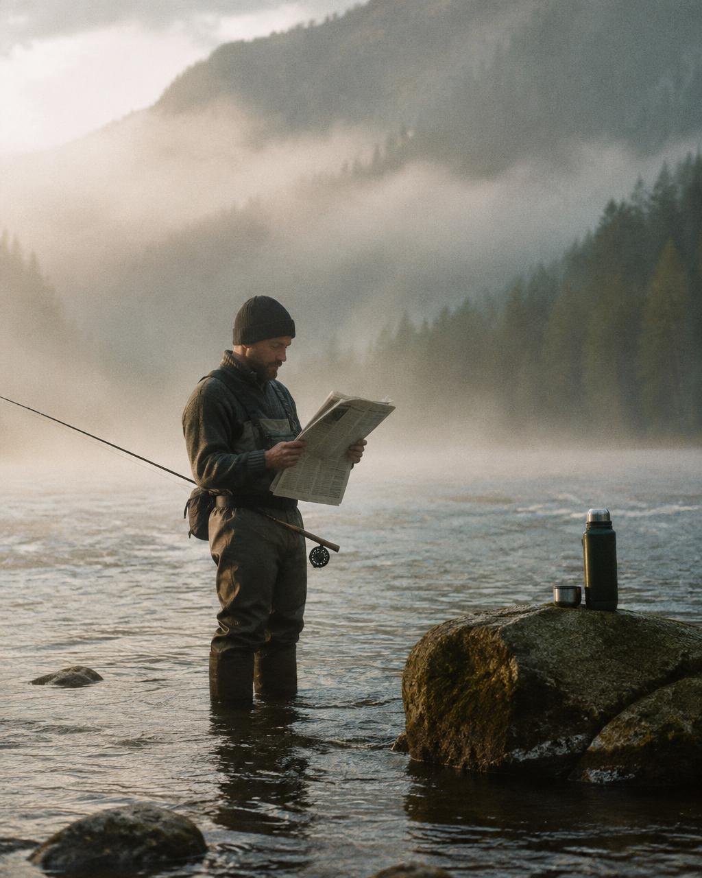 Fisherman reading a newspaper while standing in a river