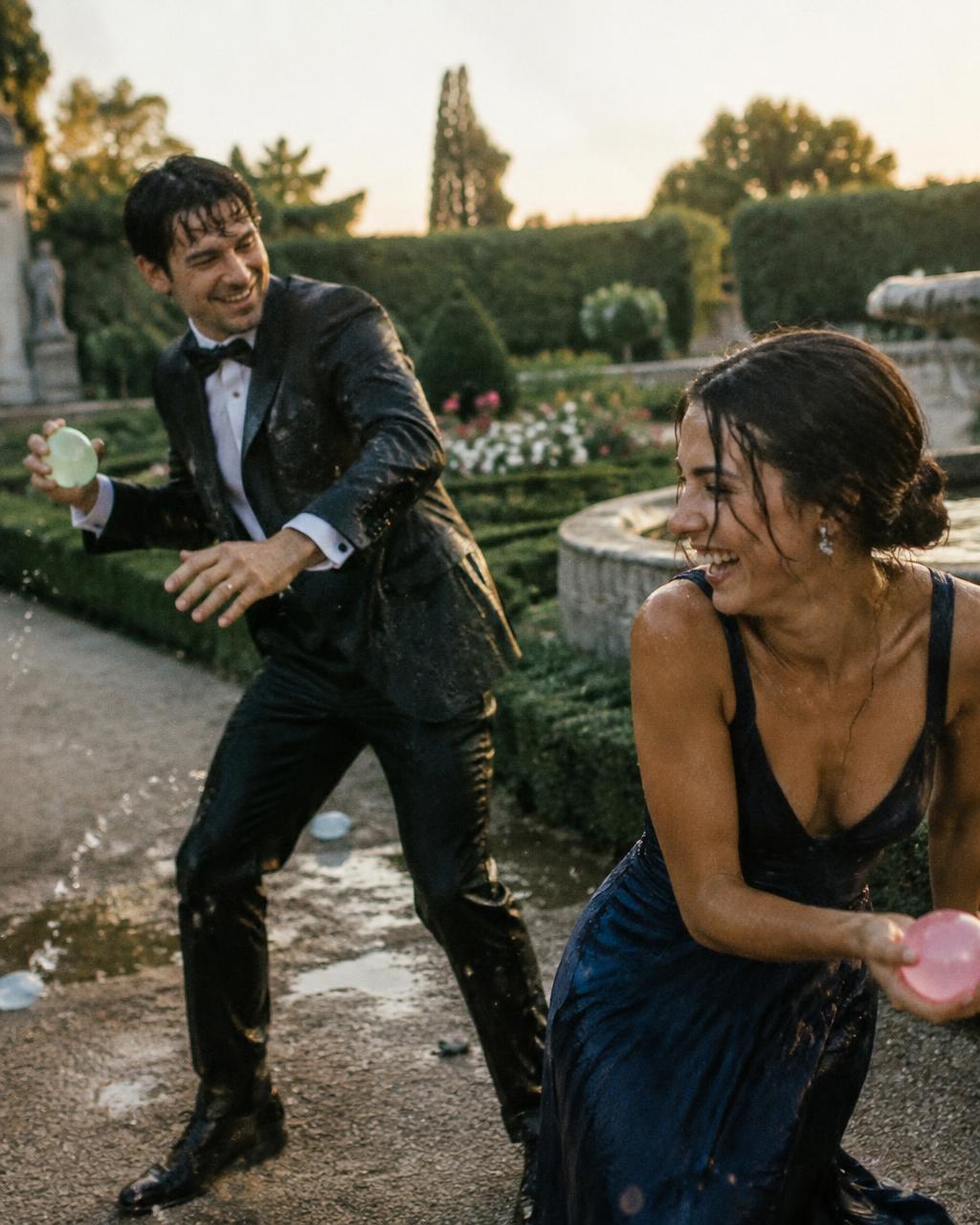 Couple in evening wear having a water balloon fight