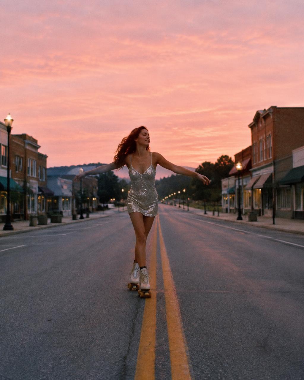 Woman rollerskating down an empty main street at dawn