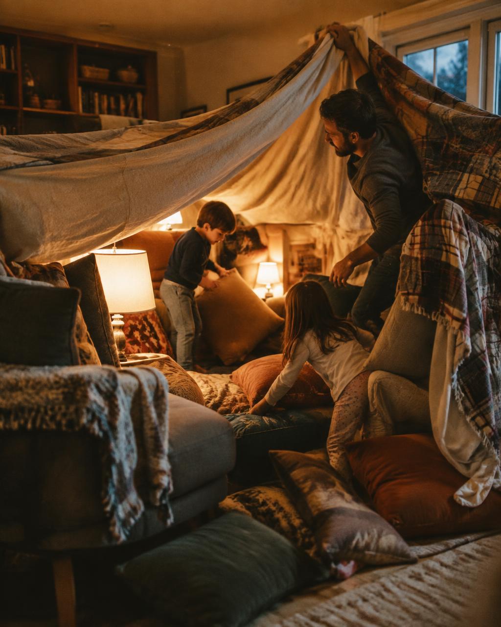 Dad and kids building an enormous blanket fort
