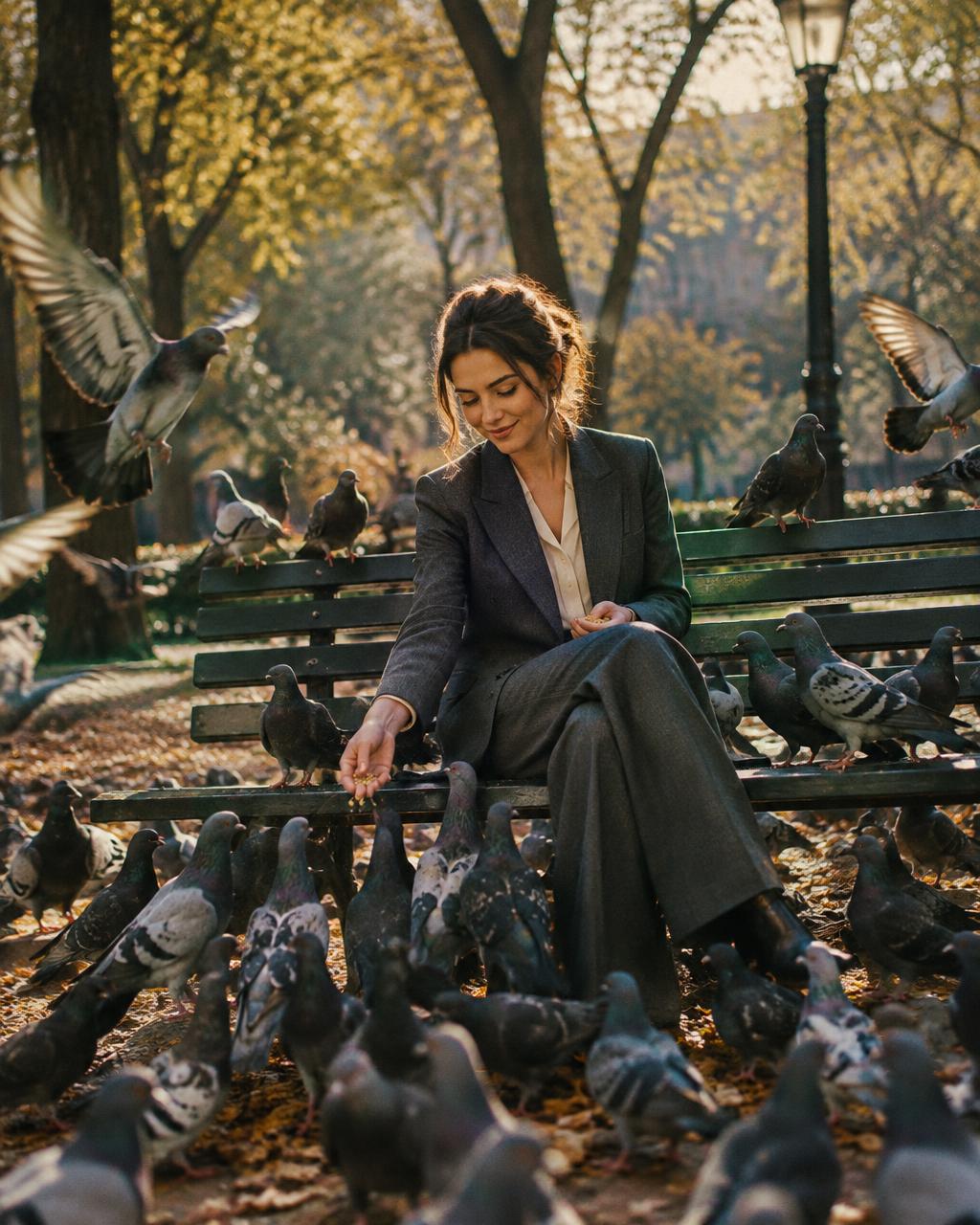 Woman in a power suit feeding pigeons on a park bench