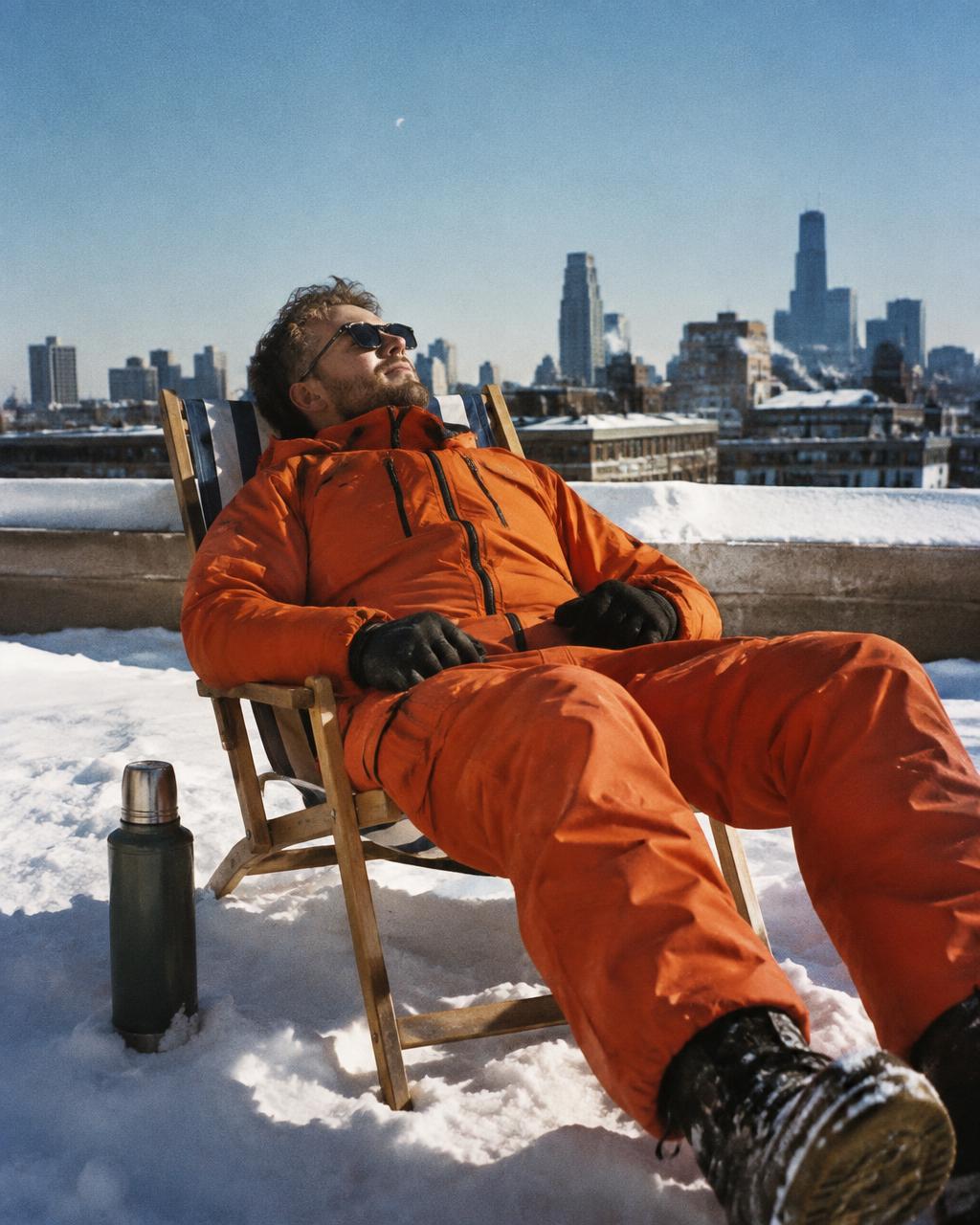 Man sunbathing in a beach chair on a snowy rooftop