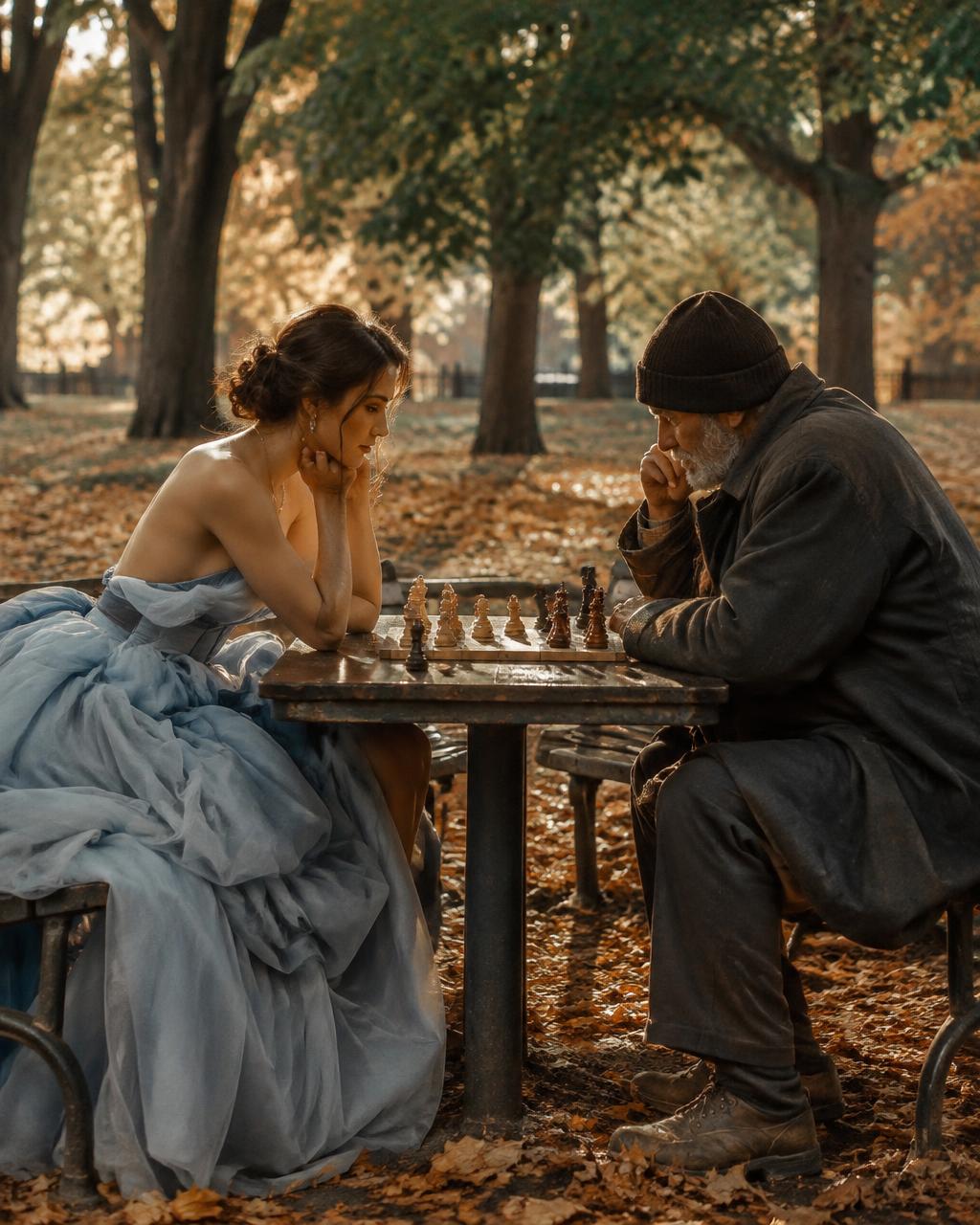 Woman in a ballgown playing chess with a stranger in a park