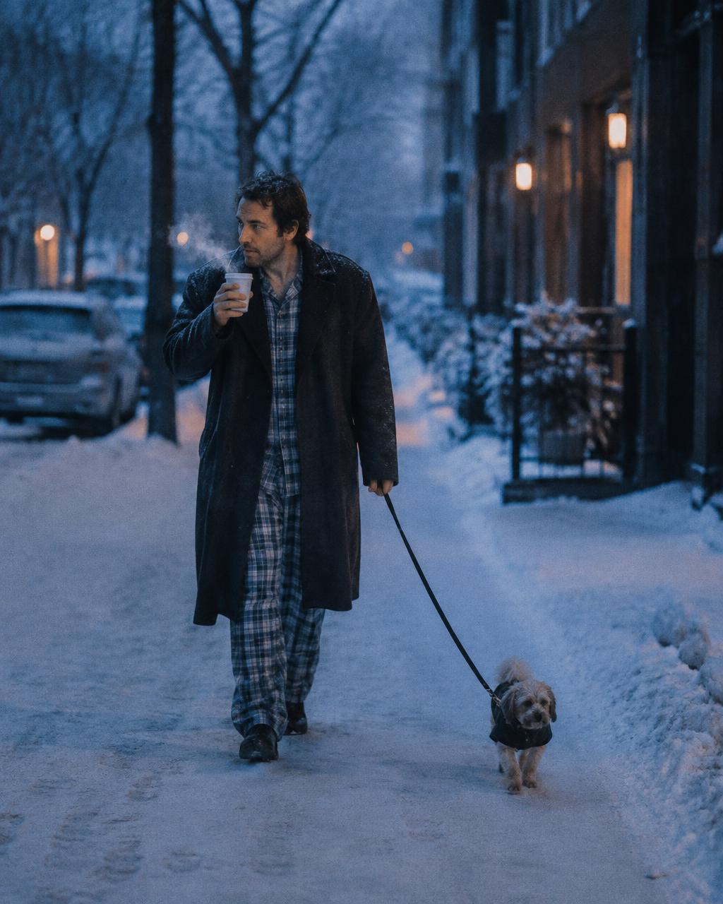 Man in pajamas walking a small dog on a snowy street