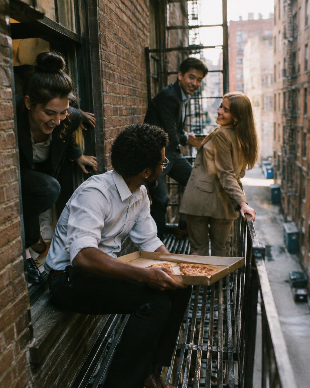 Coworkers escaping onto a fire escape for a secret lunch