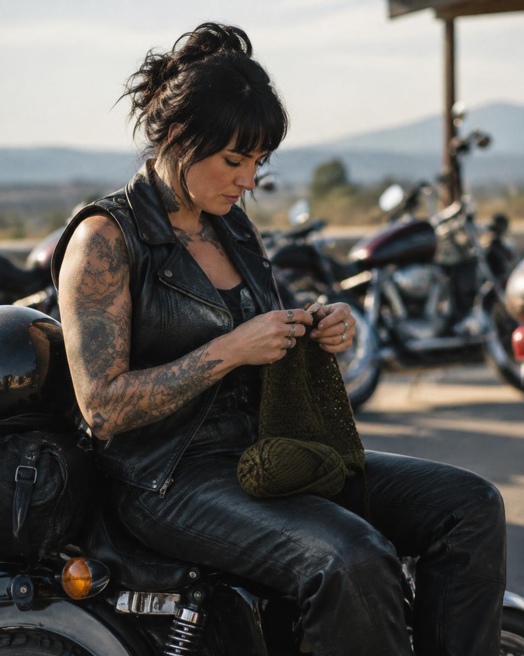 Tattooed biker knitting on a motorcycle at a rest stop