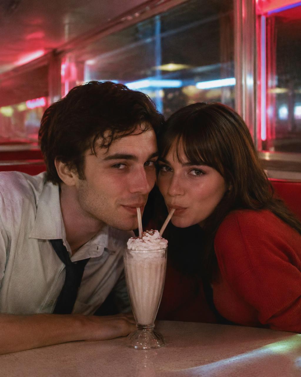 Couple sharing a milkshake in a diner booth at 2am