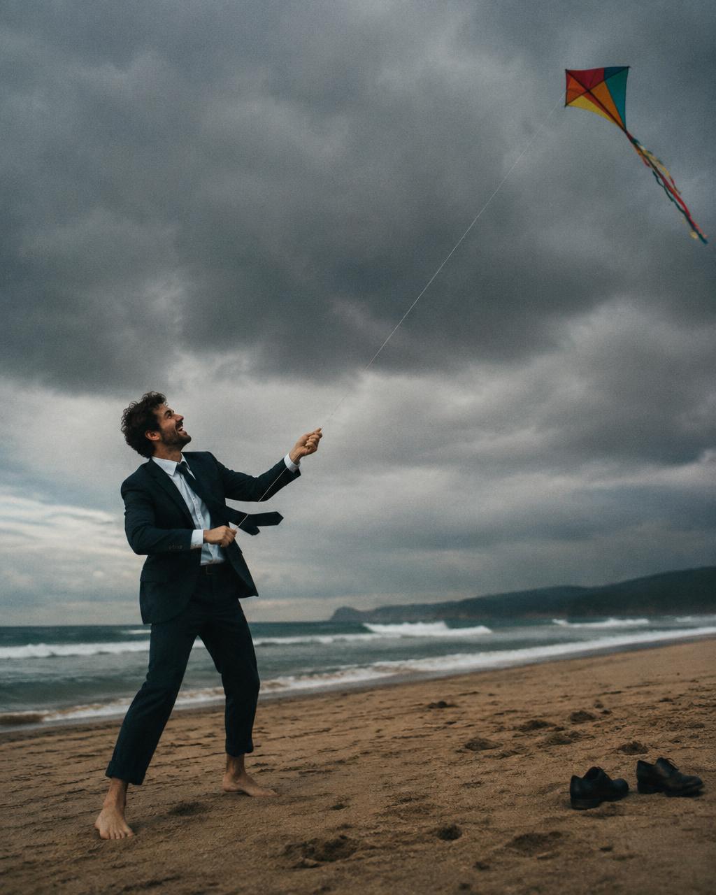 Man in a suit flying a kite on a stormy beach