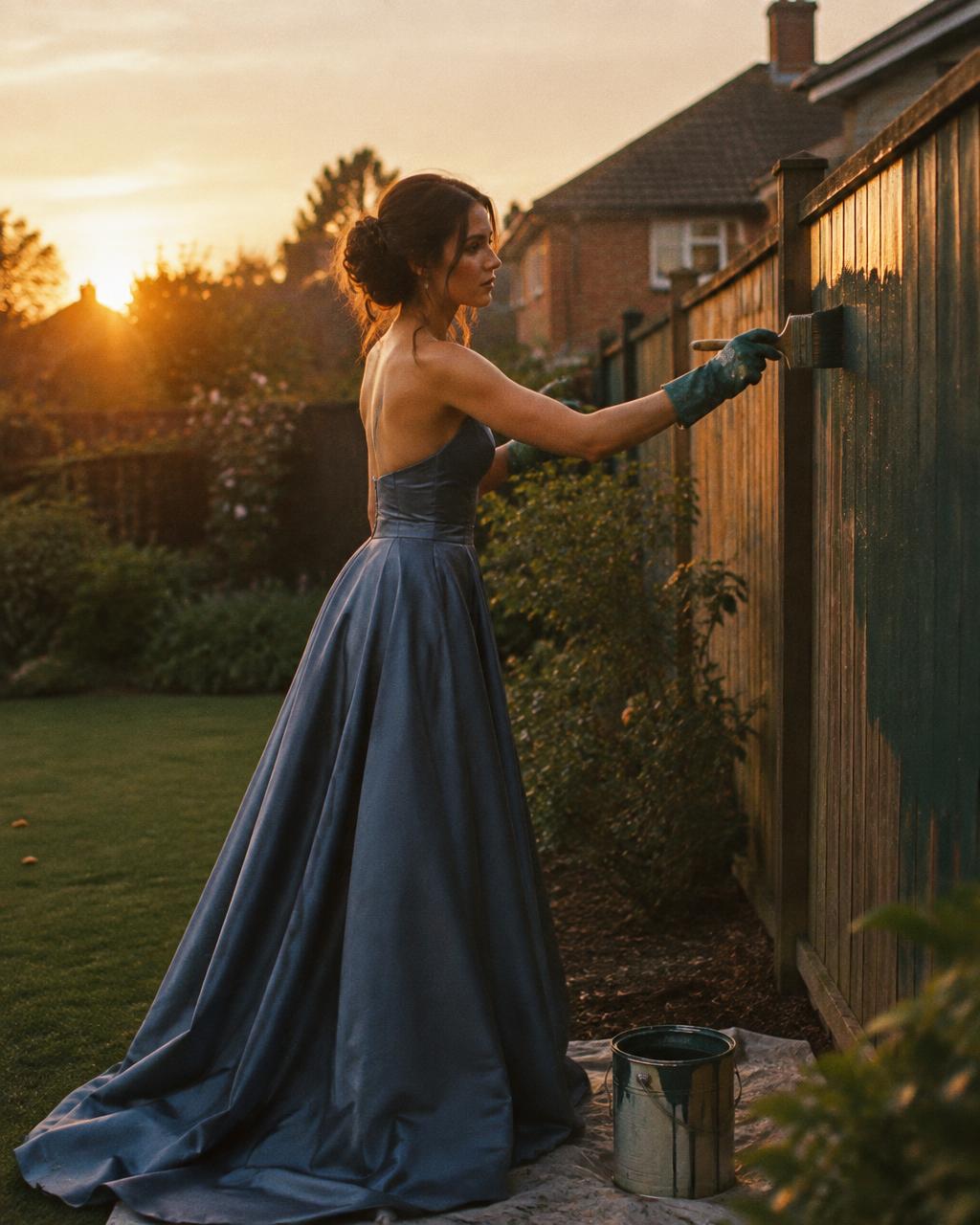 Woman painting a fence in a formal gown and gloves