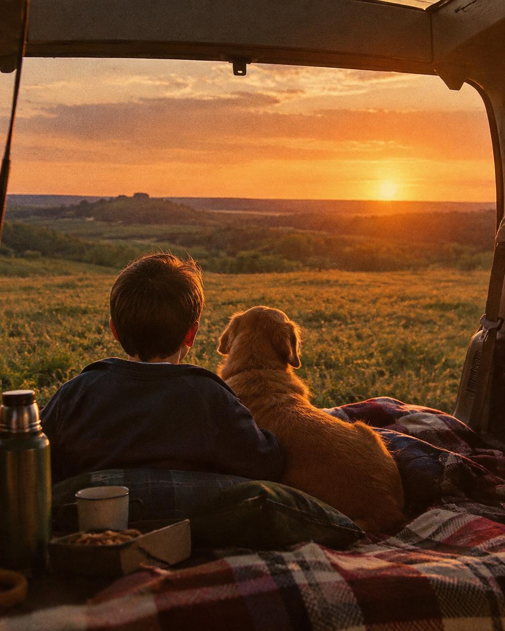Boy and his dog watching sunset from a station wagon trunk