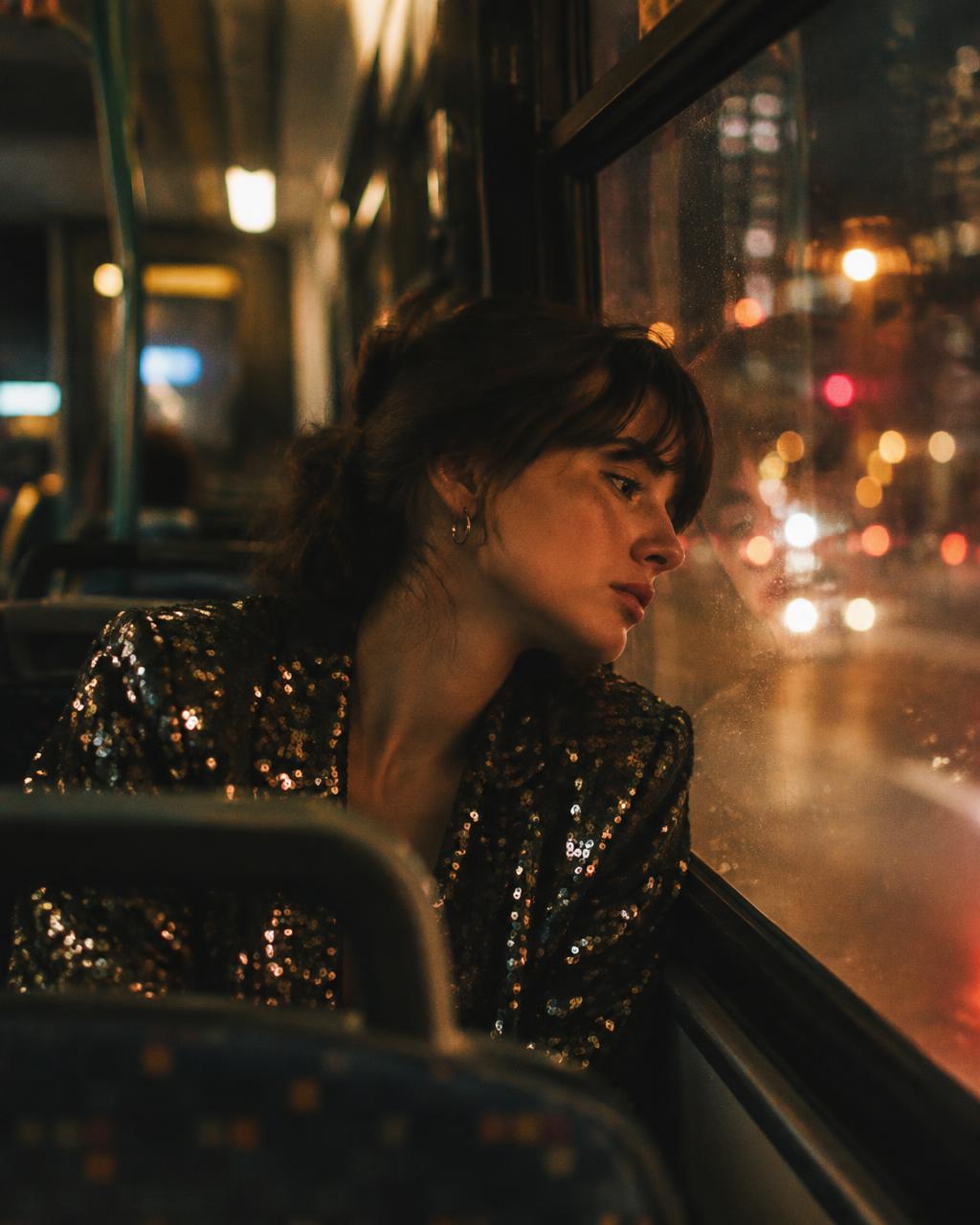 Woman in a sequin jacket riding a city bus at night