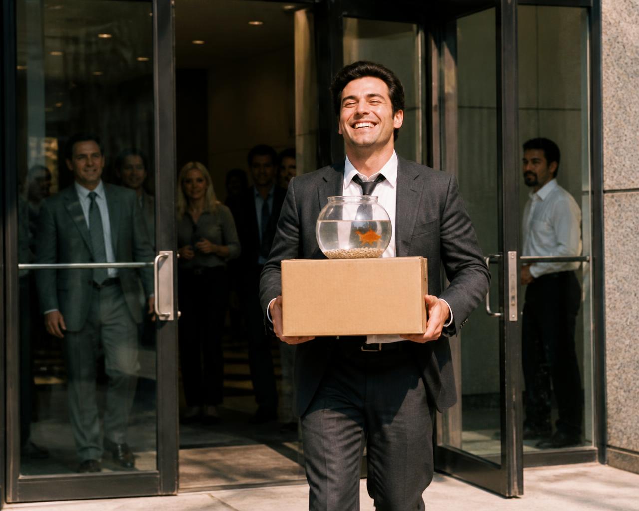 Man leaving an office with a goldfish bowl, grinning