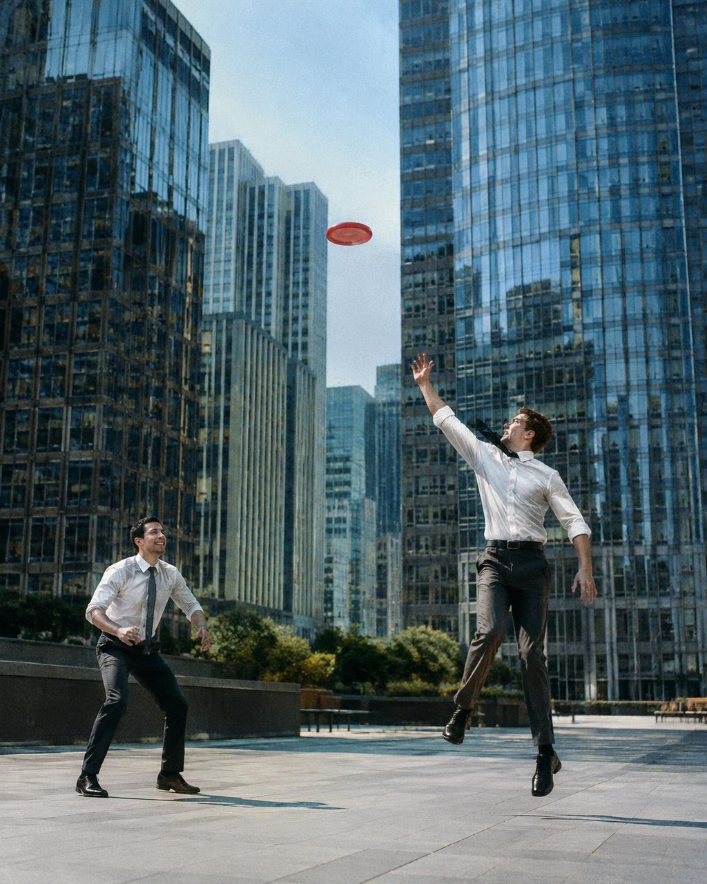 Two men in suits playing frisbee in a financial district plaza