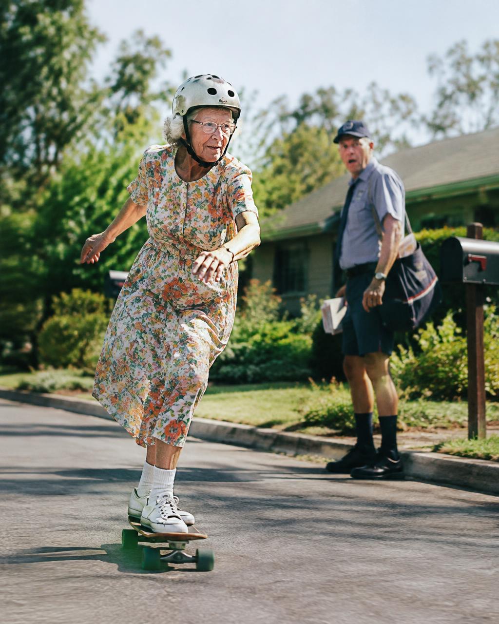Grandmother skateboarding past a surprised mail carrier