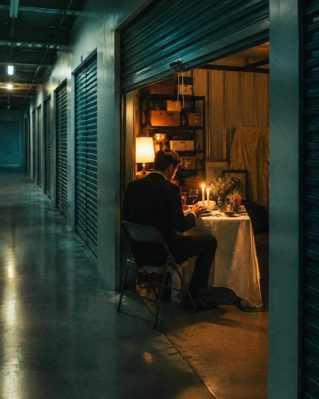 Man having a candlelit dinner in a self-storage unit
