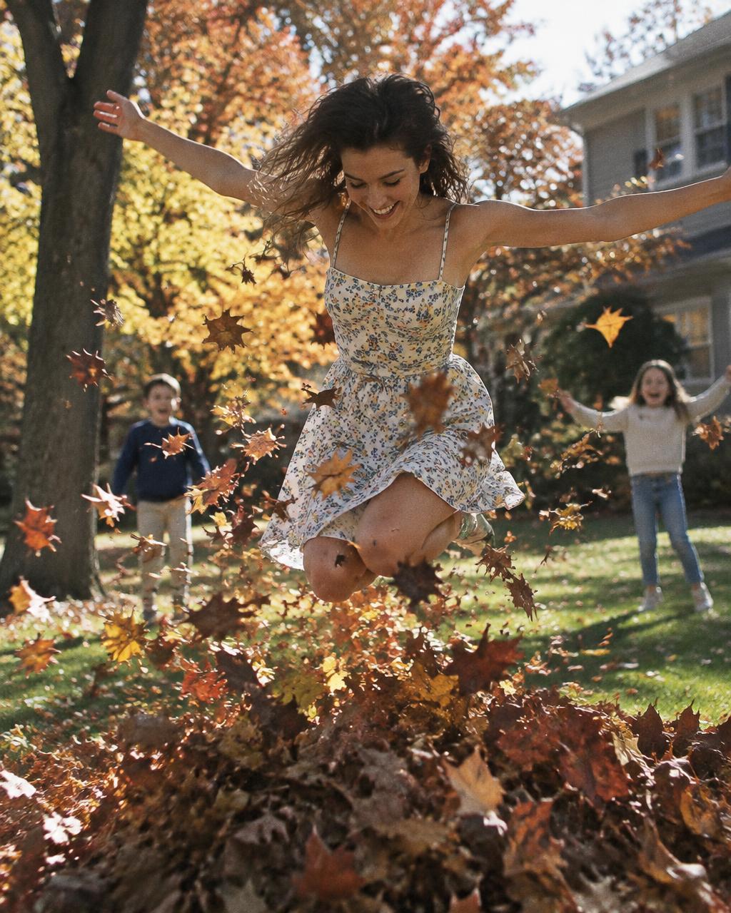 Woman jumping into a pile of autumn leaves
