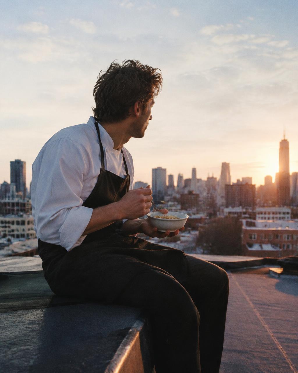Line cook eating cereal on a restaurant roof at dawn