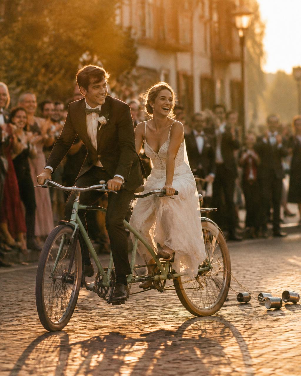Bride and groom leaving their wedding on a tandem bicycle